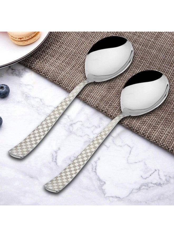 Parage 2 Pieces Stainless Steel Premium Serving Spoons, Large Spoon Set, Silver, Checks Design, 21 cm - Image 1
