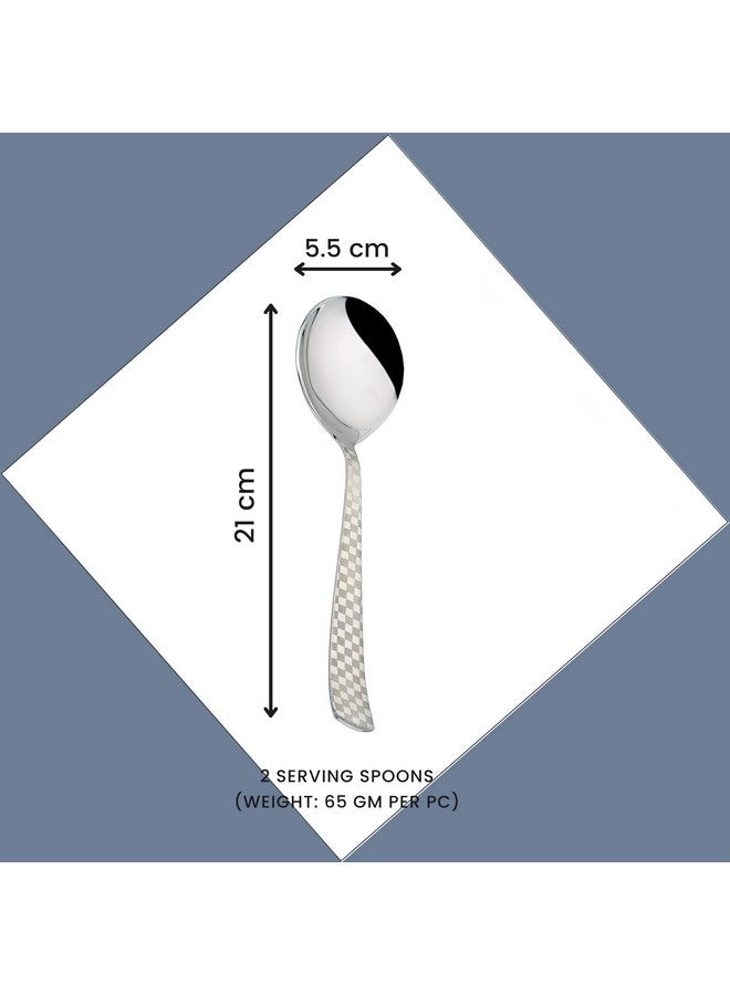 Parage 2 Pieces Stainless Steel Premium Serving Spoons, Large Spoon Set, Silver, Checks Design, 21 cm - Image 3