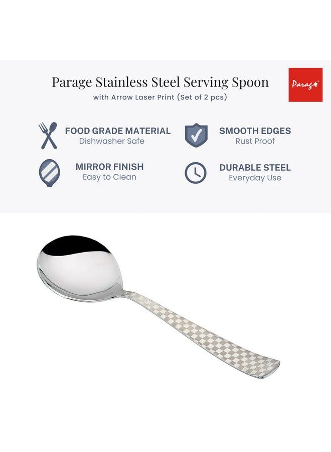 Parage 2 Pieces Stainless Steel Premium Serving Spoons, Large Spoon Set, Silver, Checks Design, 21 cm - Image 5