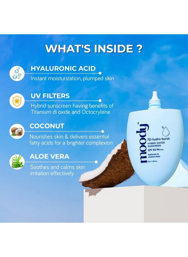 Moody واقي شمس مائي هيدرو بيرست مع حمض الهيالورونيك و SPF 50 PA +++ حماية من الأشعة فوق البنفسجية واقي شمس SPF 50 مرطب للوجه واقي شمس للبشرة الدهنية مقاوم للعرق واقي شمس للرجال والنساء 50 مل - Image 3