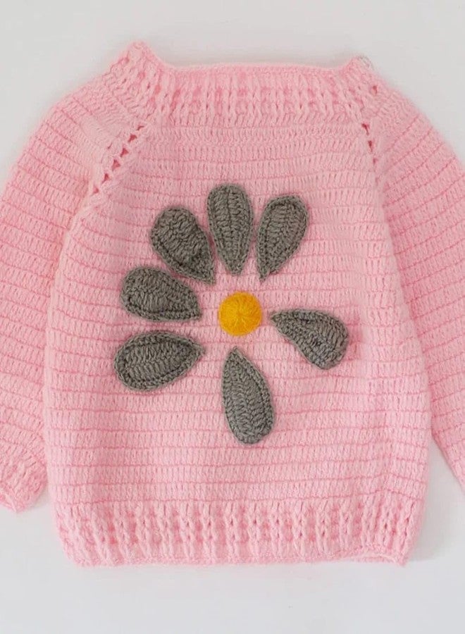 KNIT GEMS Elegant Woven Flower Embroidery Hand Kniting Design for Kids | Knitted Wool | Warm Sweater Pullover Cardigan for Infant | Toddler | Baby Boy & Baby Girl Sweater | Winter wear for Kids(Pink) - Image 3