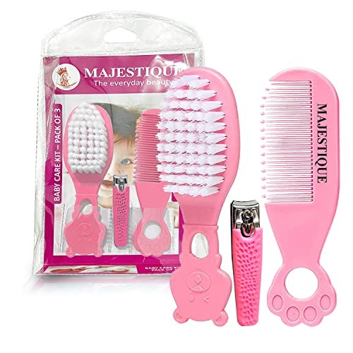 Majestique Baby Hair Brush, Comb and Nail Cutter Set for Newborns & Toddlers - Natural Soft Bristles, Gently Grooms Baby's Hair, Ideal for Baby Grooming Set, Perfect Baby Gift - 3Pcs/Pink - Image 1