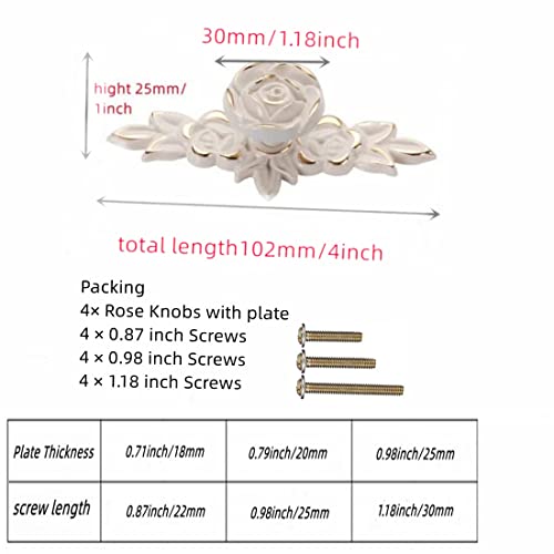 GDQLCNXB 4 Pcs Euro Rose Cabinet Knobs with Backplate, 102mm Vintage Zinc Alloy Flower Drawer Pull Handles for Dresser Vanity Nightstand Cupboard (4.0" Ivory White & Gold Edge) - Image 2