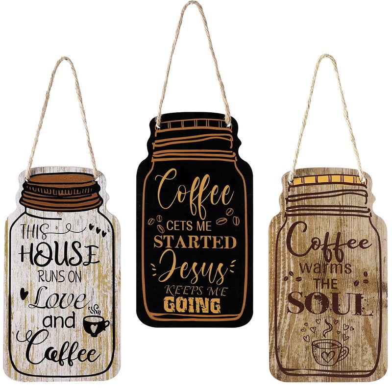 Jetec 3 Pcs Coffee Bar Sign Mason Jar Wall Hanging Plaque Farmhouse Kitchen Decor Wooden Coffee Sign for Home Living Room Wall Decorations - Image 1