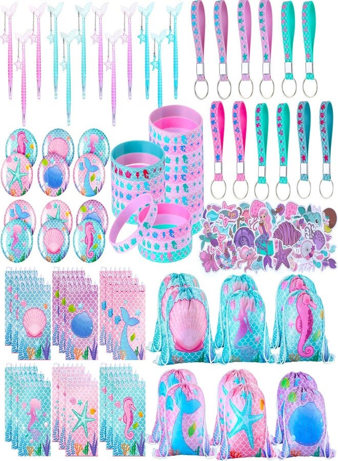 Sherr 140 Pcs Mermaid Party Favors Gift Bags for Girls Birthday Decorate Supplies Include Drawstring Bags Silicone Bracelets Keychains Pens Stickers Notebooks Stuffers (Mermaid) - Image 1