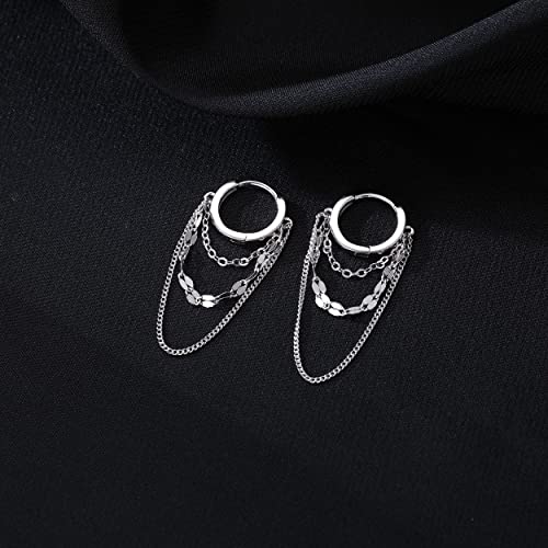 Reffeer Solid 925 Sterling Silver Chain Drop Earrings Hoop for Women Teens Hoop Earrings Tassel Chain Huggie Dangle Earrings (A-Silver) - Image 4