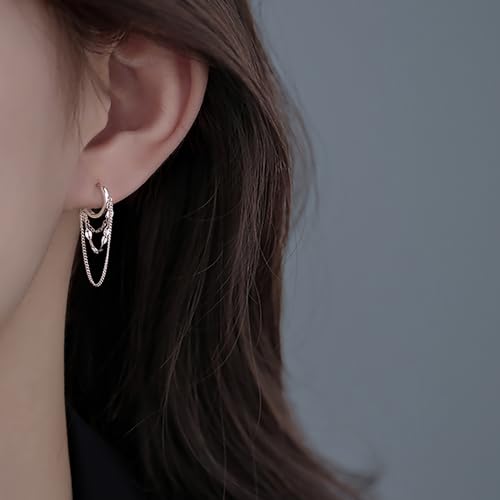 Reffeer Solid 925 Sterling Silver Chain Drop Earrings Hoop for Women Teens Hoop Earrings Tassel Chain Huggie Dangle Earrings (A-Silver) - Image 3