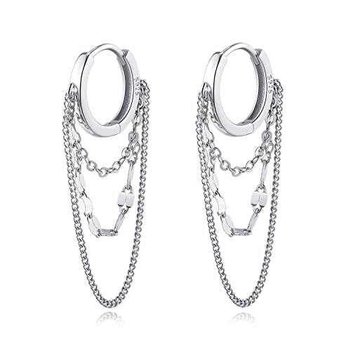Reffeer Solid 925 Sterling Silver Chain Drop Earrings Hoop for Women Teens Hoop Earrings Tassel Chain Huggie Dangle Earrings (A-Silver) - Image 1