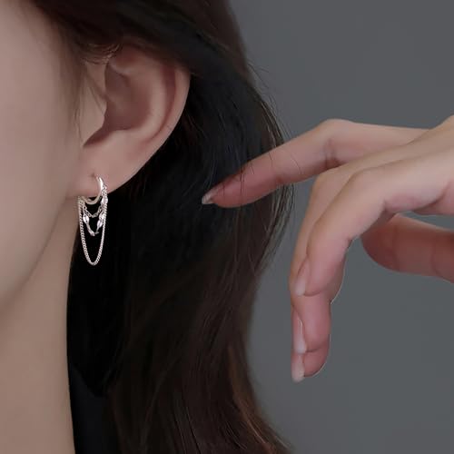 Reffeer Solid 925 Sterling Silver Chain Drop Earrings Hoop for Women Teens Hoop Earrings Tassel Chain Huggie Dangle Earrings (A-Silver) - Image 2