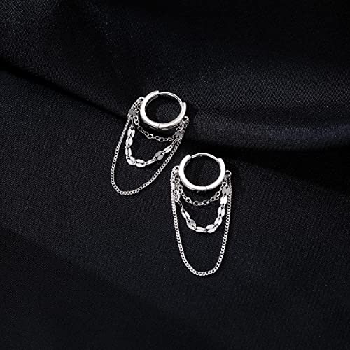 Reffeer Solid 925 Sterling Silver Chain Drop Earrings Hoop for Women Teens Hoop Earrings Tassel Chain Huggie Dangle Earrings (A-Silver) - Image 5