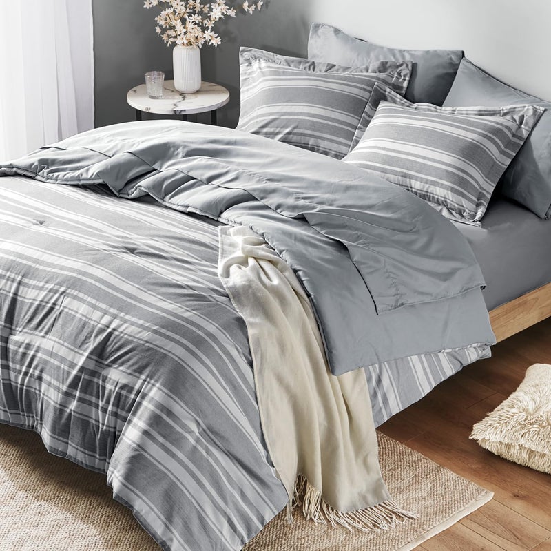 CODi Queen Size Bed in a Bag Full Bedding Sets Modern Farmhouse Grey and White Striped Comforter with Sheets 7Piece Complete Bedroom Set
