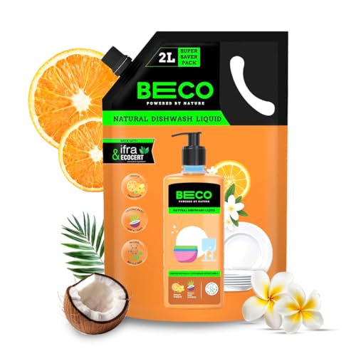 Beco Natural Dishwasher Liquid Refill | 2L Pack | Anti-Bacterial Formula | Orange Citrus Freshness | Ecofriendly Dish Washing Liquid Gel | Tough Grease Removal | Leaves No Residue on Utensils - Image 1