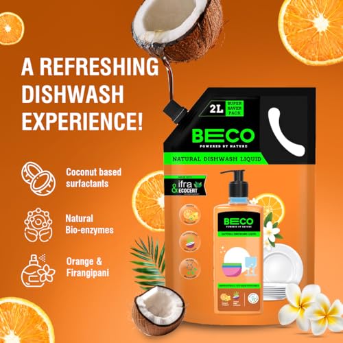 Beco Natural Dishwasher Liquid Refill | 2L Pack | Anti-Bacterial Formula | Orange Citrus Freshness | Ecofriendly Dish Washing Liquid Gel | Tough Grease Removal | Leaves No Residue on Utensils - Image 3