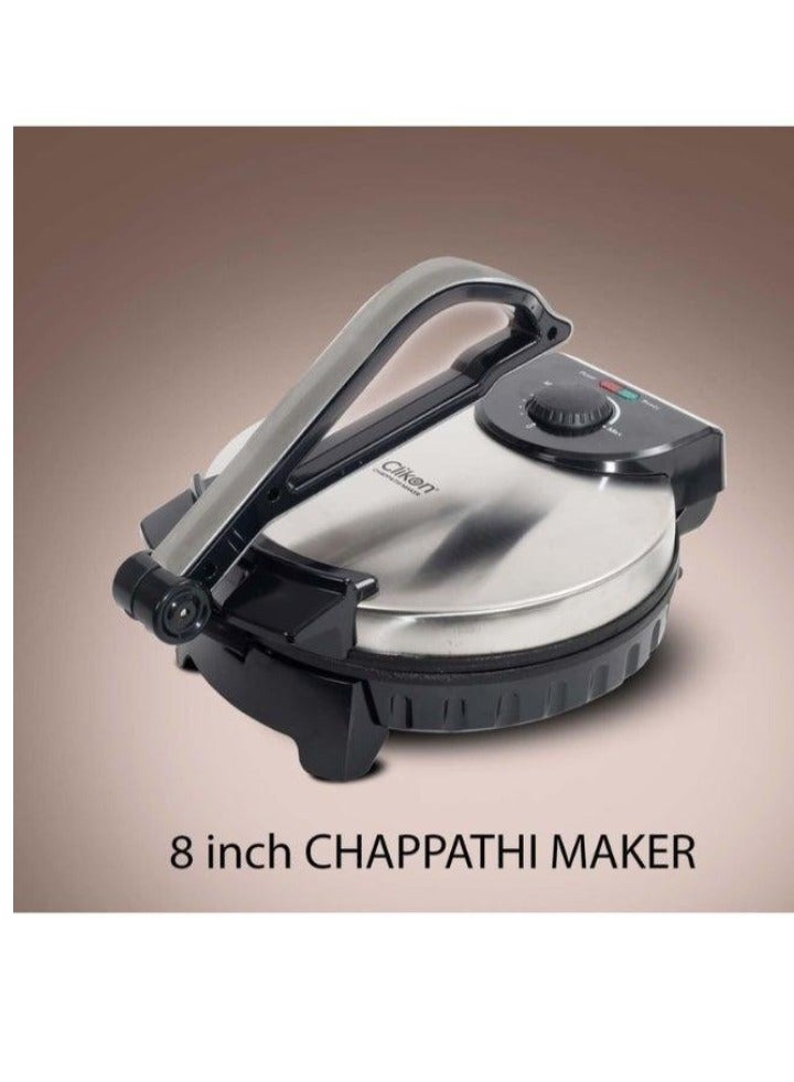 TIGER صانع الشباتي الكهربائي 8 بوصة 900 واط CK2430 – تسخين سريع صانع روتي غير لاصق مع مقبض بارد وضوءين مؤشرين مزدوجين – مضغوط، سهل التنظيف لضغط الخبز المسطح للمطبخ المنزلي – تصميم أنيق باللونين الأسود والفضي لروتي وتورتيلا مثاليين - Image 1