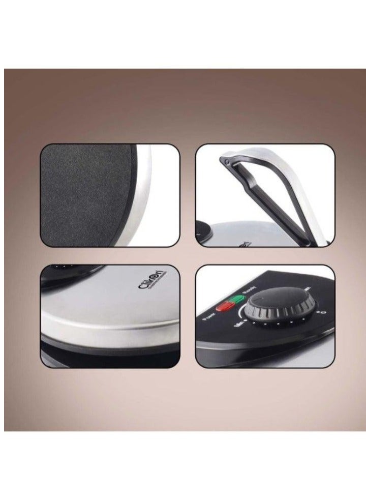 TIGER صانع الشباتي الكهربائي 8 بوصة 900 واط CK2430 – تسخين سريع صانع روتي غير لاصق مع مقبض بارد وضوءين مؤشرين مزدوجين – مضغوط، سهل التنظيف لضغط الخبز المسطح للمطبخ المنزلي – تصميم أنيق باللونين الأسود والفضي لروتي وتورتيلا مثاليين - Image 2