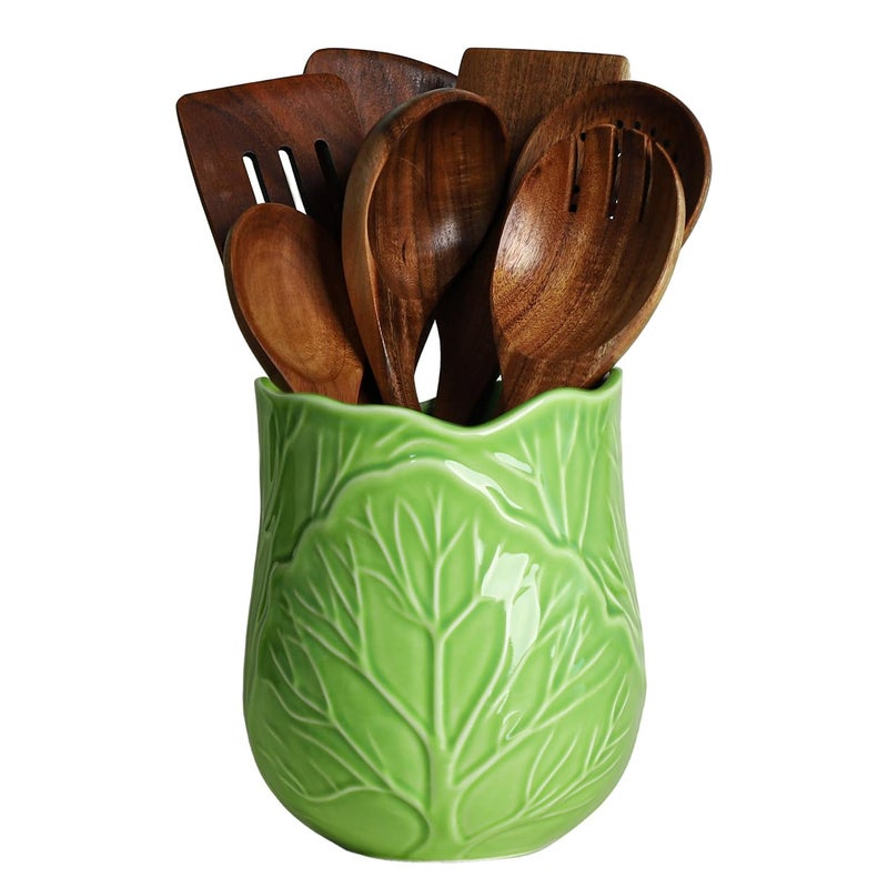 Bicuzat Ceramic Green Cabbage Kitchen Utensil Holder Large Cooking Utensil Crocks for Countertop Ocean Style Utensil Organizer for Spatula and Home B - Image 2