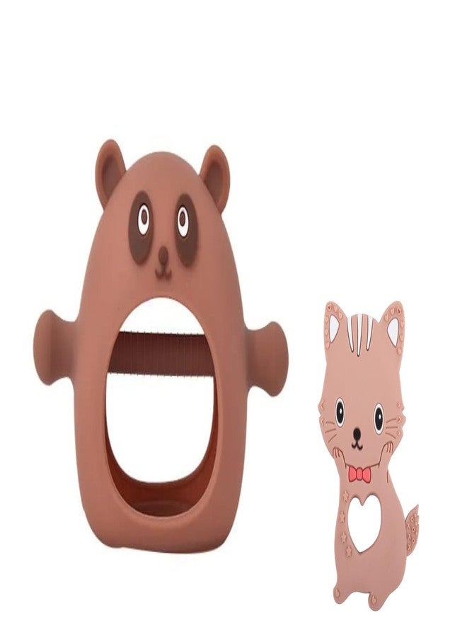 Rukan 2-Pack Never Drop Panda Teether - Cat Multi-Textured Surface for Babies 3-12 Months, Easy-Grip Sensory Toy (Brown) - Image 1