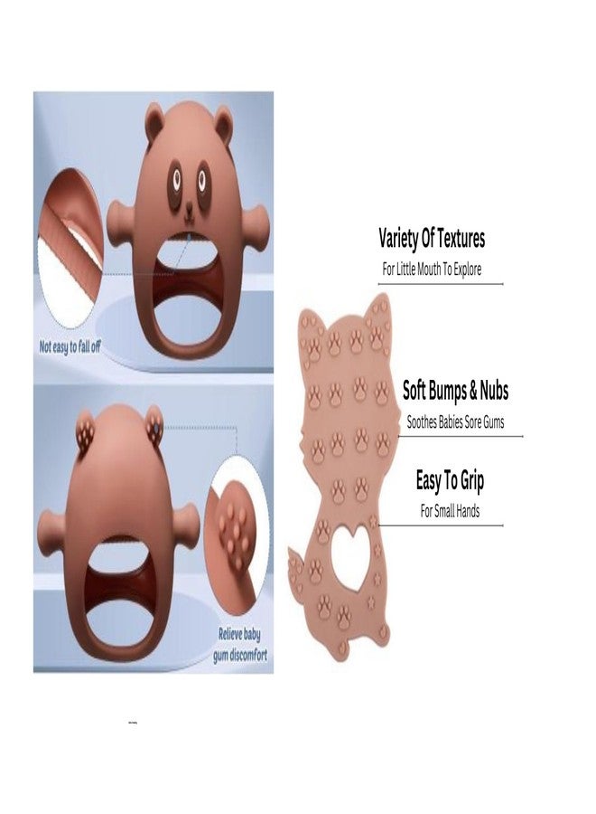 Rukan 2-Pack Never Drop Panda Teether - Cat Multi-Textured Surface for Babies 3-12 Months, Easy-Grip Sensory Toy (Brown) - Image 2