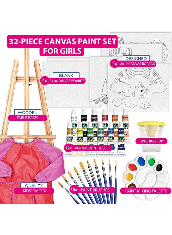 KEFF Kids Painting Set Toddler Paint Kit With Non Toxic Acrylic Paints Pre Drawn Canvas Boards Easel Brushes Palette & Pink Smock For Girls And Boys - Image 2