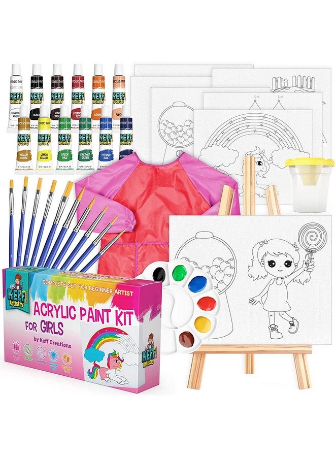 KEFF Kids Painting Set Toddler Paint Kit With Non Toxic Acrylic Paints Pre Drawn Canvas Boards Easel Brushes Palette & Pink Smock For Girls And Boys - Image 1