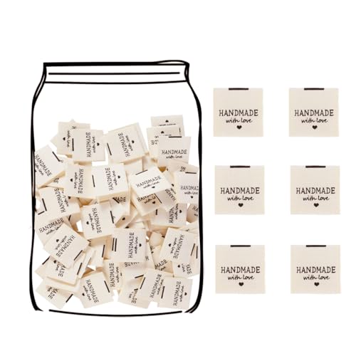 TOGETRUE 100pcs Sewing Labels for Handmade Items, Durable Fabric Woven Tags with Handmade with Love Text, Sewing Labels for Crochet, Knitting, Sewing Projects and DIY Crafts - Image 1