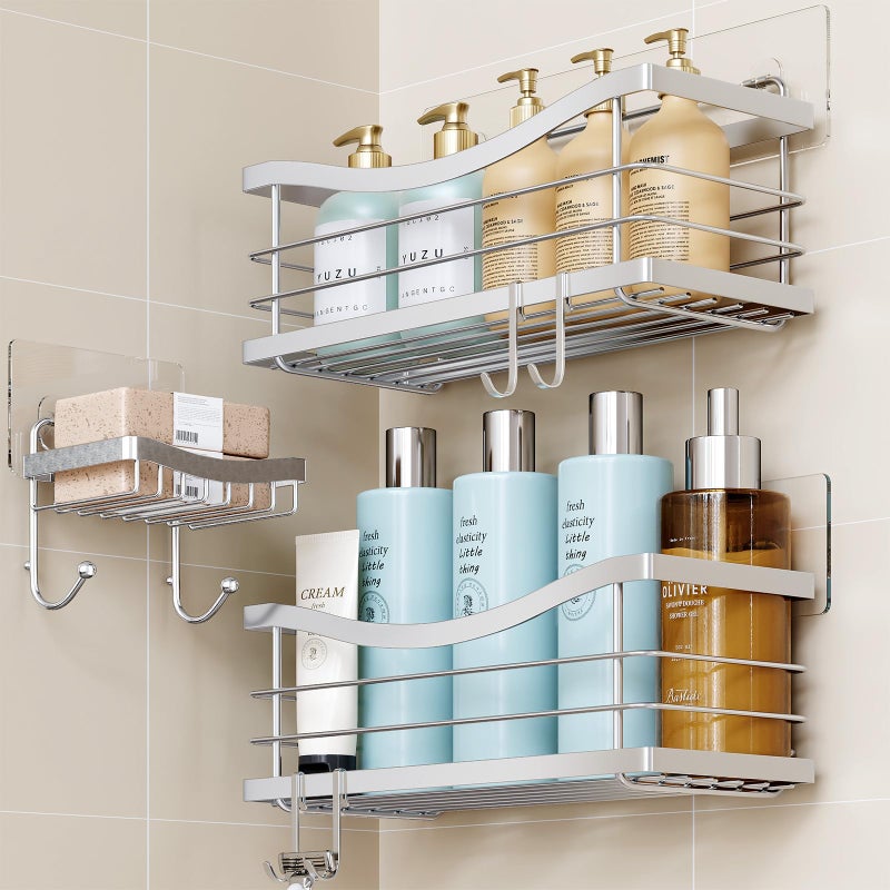 ODesign Shower Caddy 3 PackShower Organizer Shelves Rack Rustproof SUS304 Stainless Steel for Bathroom StorageKitchenNo Drilling Adhesive Shower Caddy Shelf Dorm Room EssentialsSilver