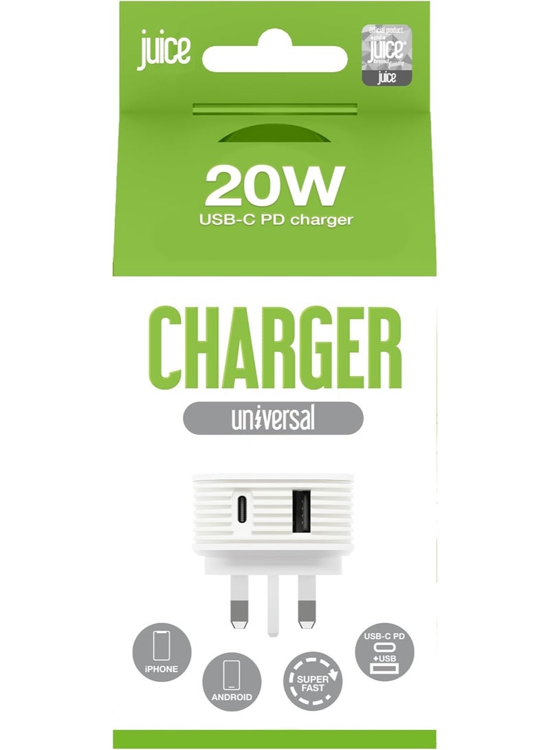 JUICE 20W Dual Port Charger, 2 Ports USB-A & USB-C Fast Charging, iPhone wall Charger, Power Adapter Compatible for iPhones, Tablets & Devices, White - Image 1