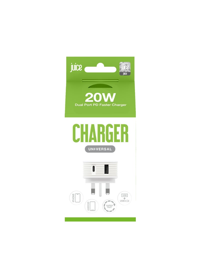JUICE 20W Dual Port Charger, 2 Ports USB-A & USB-C Fast Charging, iPhone wall Charger, Power Adapter Compatible for iPhones, Tablets & Devices, White - Image 4