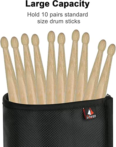 TXEsign Drumstick Holder Drum Sticks Holder Bag for Drumsticks Brushes Mallets Up to 10 Pairs, Two Straps Attach to Drum Kit & Music Stand (Black) - Image 2