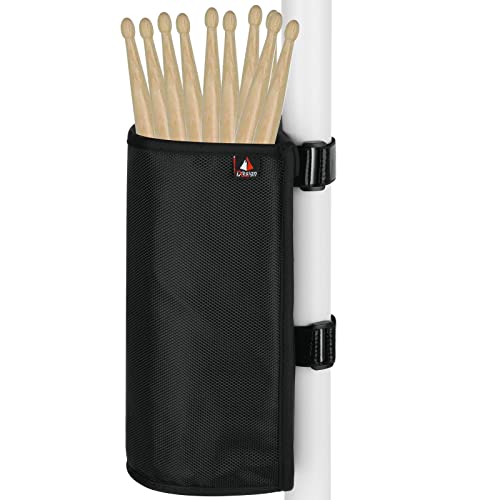 TXEsign Drumstick Holder Drum Sticks Holder Bag for Drumsticks Brushes Mallets Up to 10 Pairs, Two Straps Attach to Drum Kit & Music Stand (Black) - Image 1
