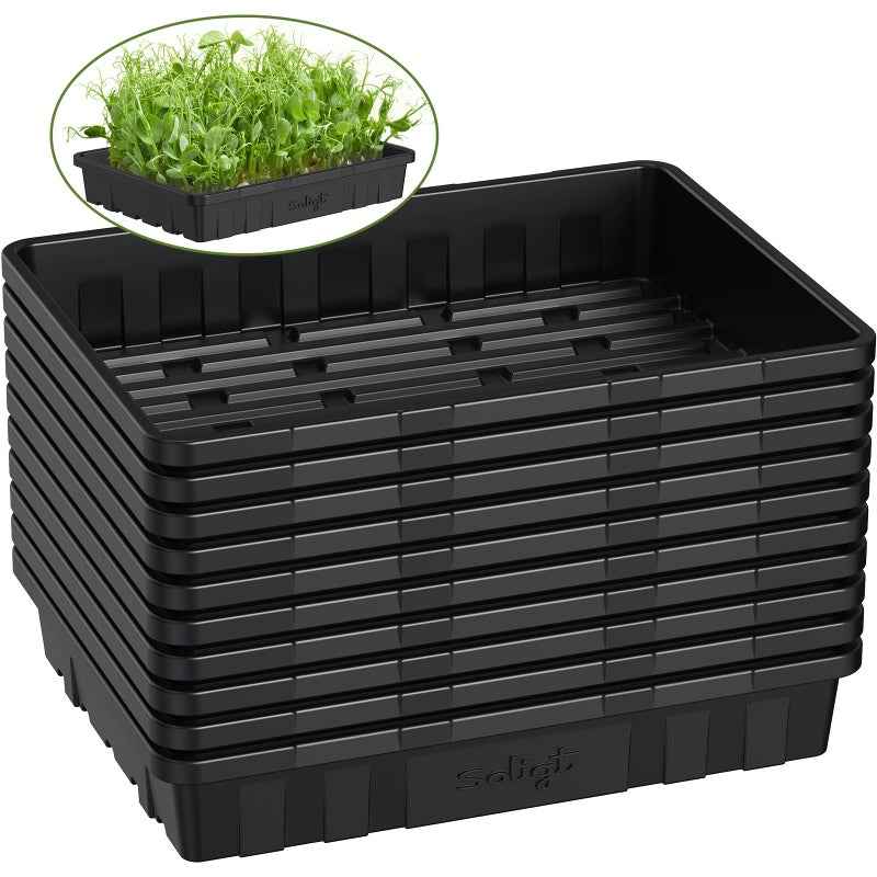 SOLIGT Extra Thick Heavy Duty 10 Pack Seed Starting Trays - Microgreens Growing Trays Seedling Plant Germination Starter Tray Transplant Fodder Flats, No Holes, No Leakage, Reusable, 14 * 10.8 * 2.3" - Image 1