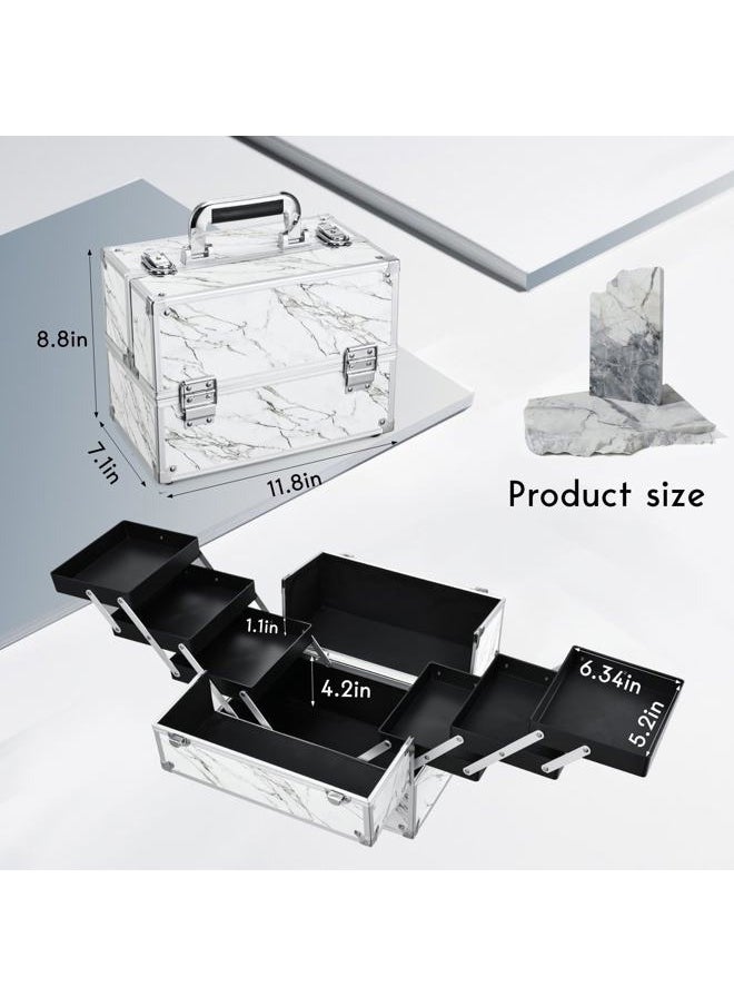 FRENESSA - Frenessa Makeup Train Case Marble Leather Cosmetic Organizer Case 12 Inch Large Makeup Box 6 Trays Makeup Storage Organizer for Makeup Artist, Nail Tech Students, Craft Tools Travel Makeup Case Marble - Image 1