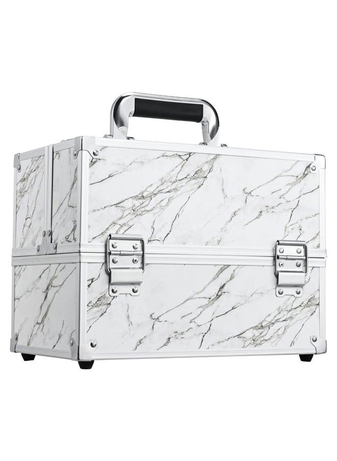 FRENESSA - Frenessa Makeup Train Case Marble Leather Cosmetic Organizer Case 12 Inch Large Makeup Box 6 Trays Makeup Storage Organizer for Makeup Artist, Nail Tech Students, Craft Tools Travel Makeup Case Marble - Image 1