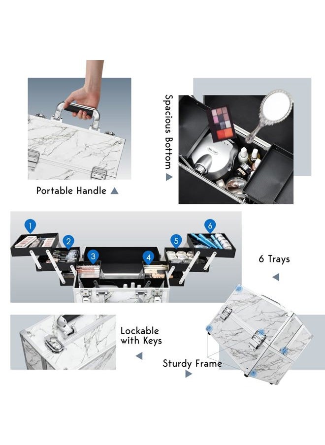 FRENESSA - Frenessa Makeup Train Case Marble Leather Cosmetic Organizer Case 12 Inch Large Makeup Box 6 Trays Makeup Storage Organizer for Makeup Artist, Nail Tech Students, Craft Tools Travel Makeup Case Marble - Image 1
