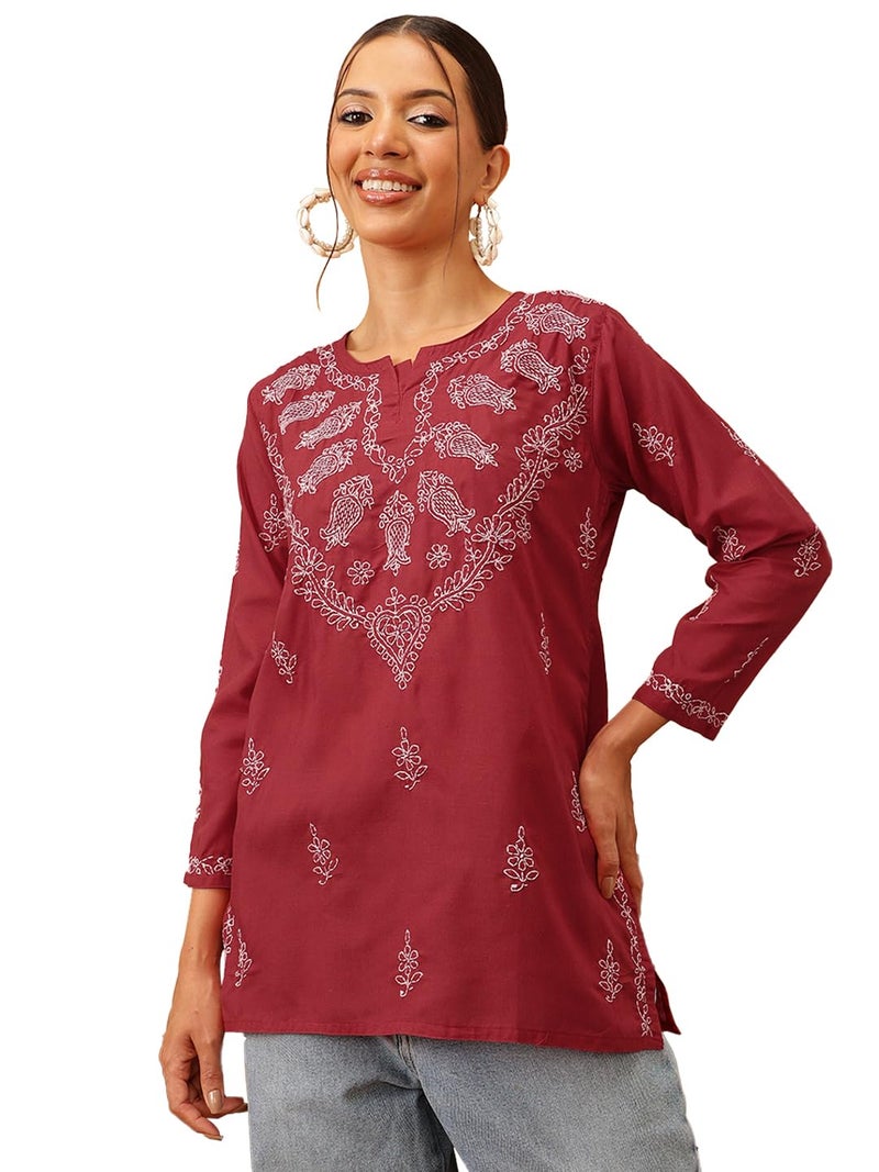 Ada Hand Embroidered Lucknowi Chikan Straight Cotton Short Top Kurti for Women A911116 Maroon (S) - Image 1
