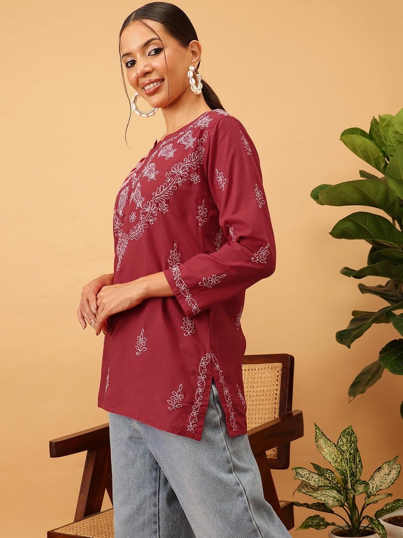 Ada Hand Embroidered Lucknowi Chikan Straight Cotton Short Top Kurti for Women A911116 Maroon (S) - Image 4