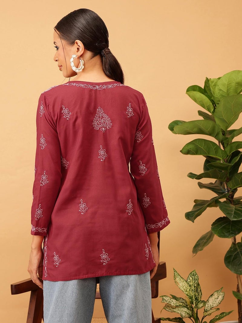 Ada Hand Embroidered Lucknowi Chikan Straight Cotton Short Top Kurti for Women A911116 Maroon (S) - Image 2