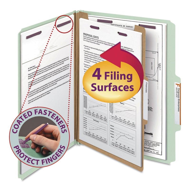 Smead Pressboard Classification File Folder with SafeSHIELD Fasteners, 1 Divider, 2" Expansion, Letter Size, Gray/Green, 10 per Box (13776) - Image 1