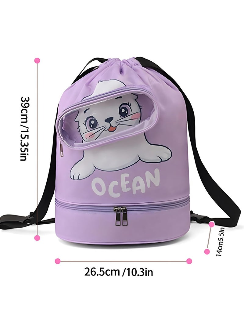 CMGTYYD. حقيبة ظهر للسباحة الجافة المبللة للسباحين، حقيبة ظهر رياضية للسباحة، حقيبة ظهر رياضية للسباحة، حقيبة ظهر رياضية للسباحة مقاومة للماء برباط، حقيبة ظهر رياضية للحيوانات الكرتونية اللطيفة باللون الأرجواني الفاتح، للسباحة والصالة الرياضية ومعدات التمرين - Image 4