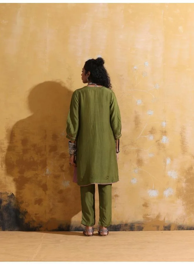 trueBrowns trueBrowns Green Muslin Silk Relaxed Kurta Co-ord Set