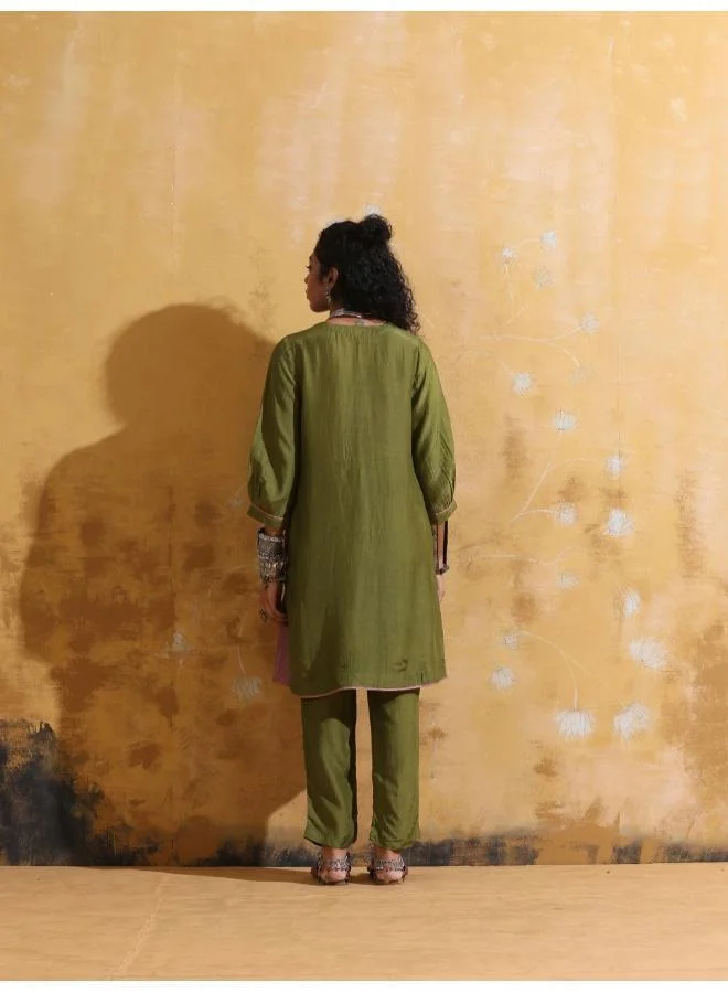 trueBrowns trueBrowns Green Muslin Silk Relaxed Kurta Co-ord Set