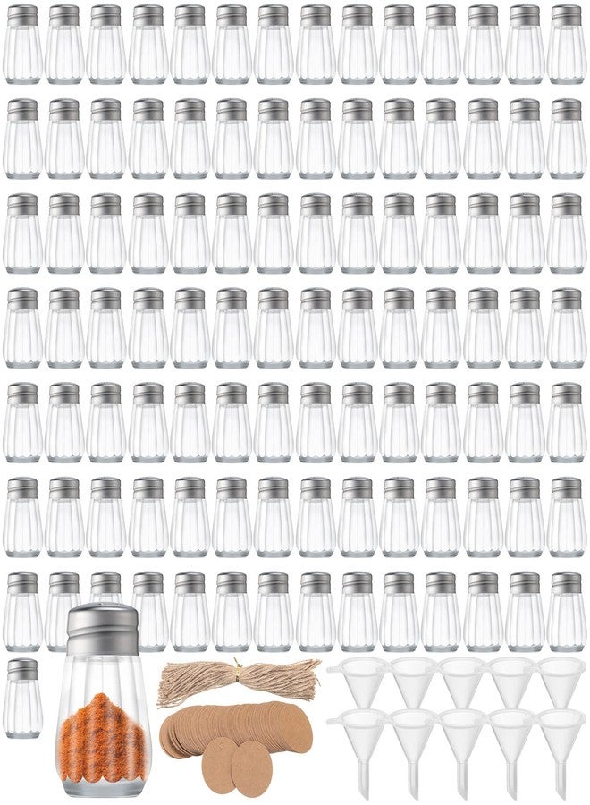 ميمورو عبوة من 100 قطعة من هزازات الملح والفلفل الصغيرة، حوامل زجاجية كبيرة للملح والفلفل، هزازة صغيرة شفافة لجبنة البارميزان، موزعات صغيرة بتصميم كلاسيكي مع 10 قمع بلاستيكي صغير، 100 بطاقة تعريف، 100 حبل. - Image 1