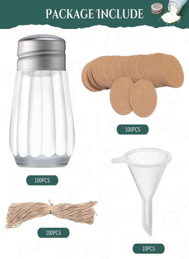 ميمورو عبوة من 100 قطعة من هزازات الملح والفلفل الصغيرة، حوامل زجاجية كبيرة للملح والفلفل، هزازة صغيرة شفافة لجبنة البارميزان، موزعات صغيرة بتصميم كلاسيكي مع 10 قمع بلاستيكي صغير، 100 بطاقة تعريف، 100 حبل. - Image 3