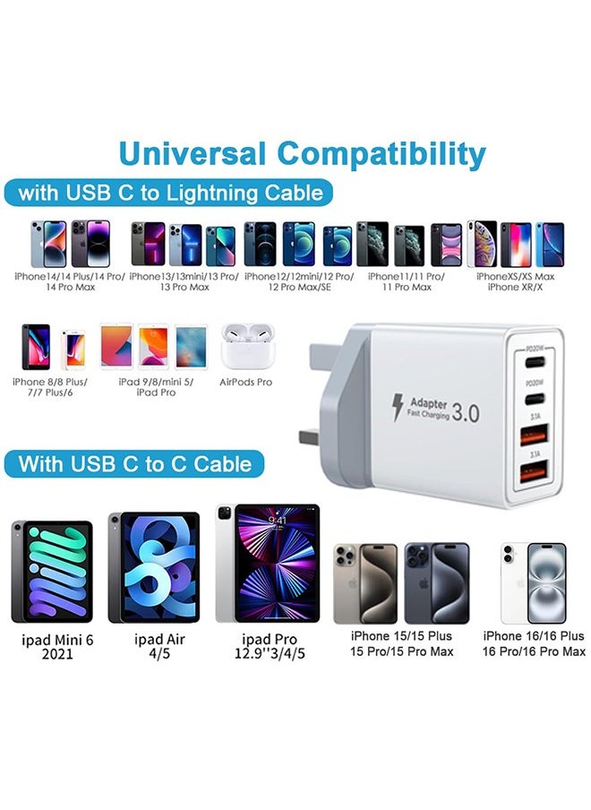 2 Pack iPhone 16 Fast Charger Cable with Plug 40W 4-Port Fast Charger for iPhone 16 Pro/16 Pro Max/15/15 Pro/14/14 Pro/13/13 Pro/12/12 Pro/11/11 Pro/10/XR,Apple USB C to Lightning/C Charging Cable and Plug Power Adapter