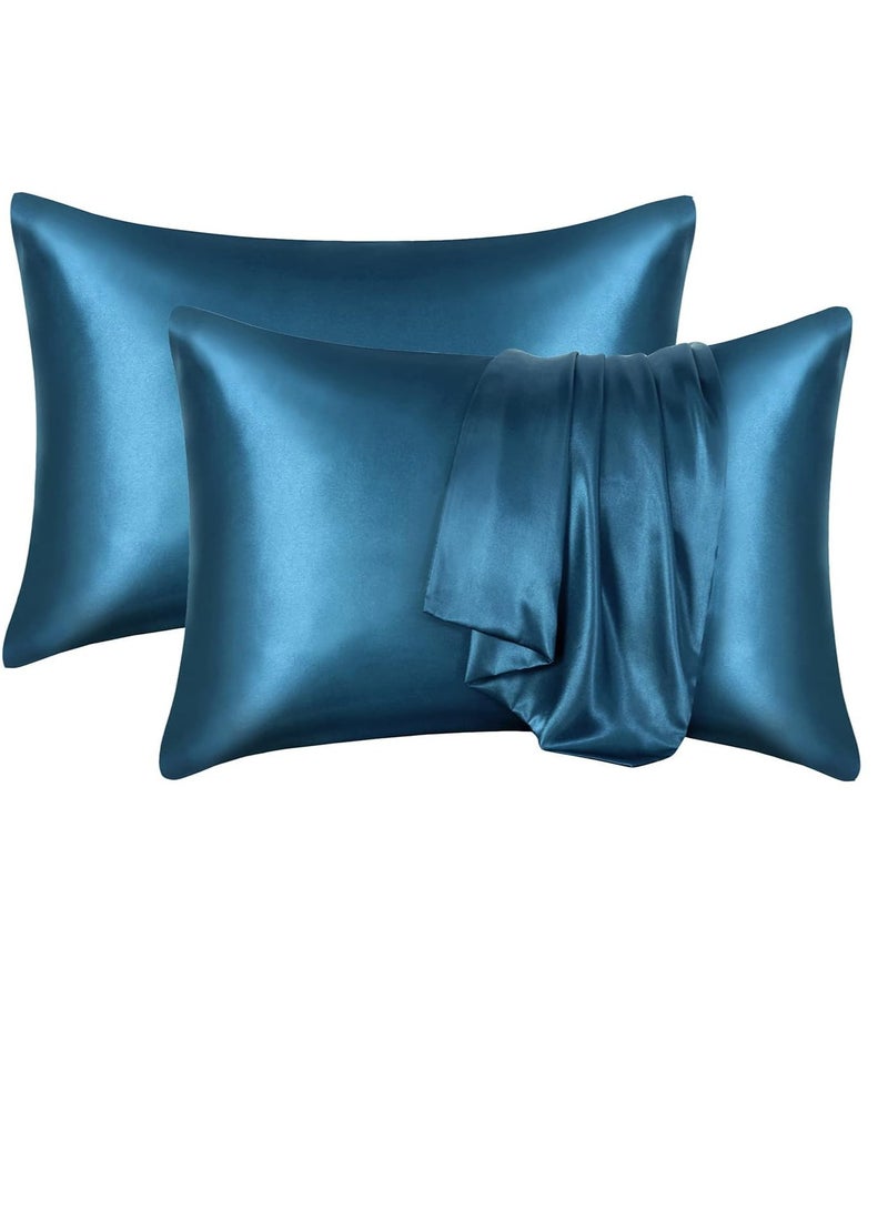 Somer Field - Silk Pillowcases For Hair And Skin 2 Pack Standard Size with Envelope Closure 2 Pcs Pillowcases 50 x 75 cm Dark Blue