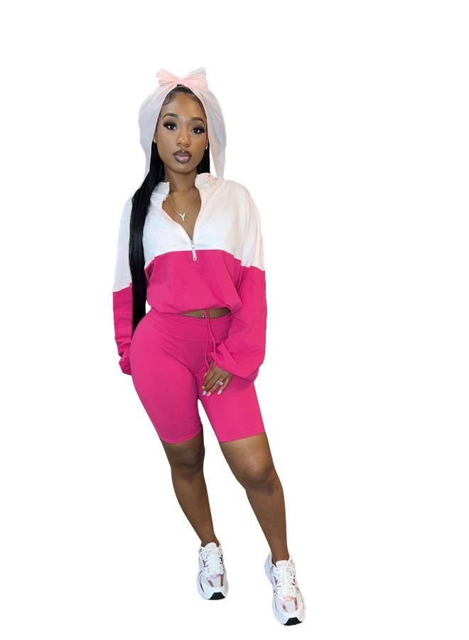 Hr24039 European And American Women's Rubber Buckle Waist Contrast Long Sleeve Shorts Sports Leisure Suit