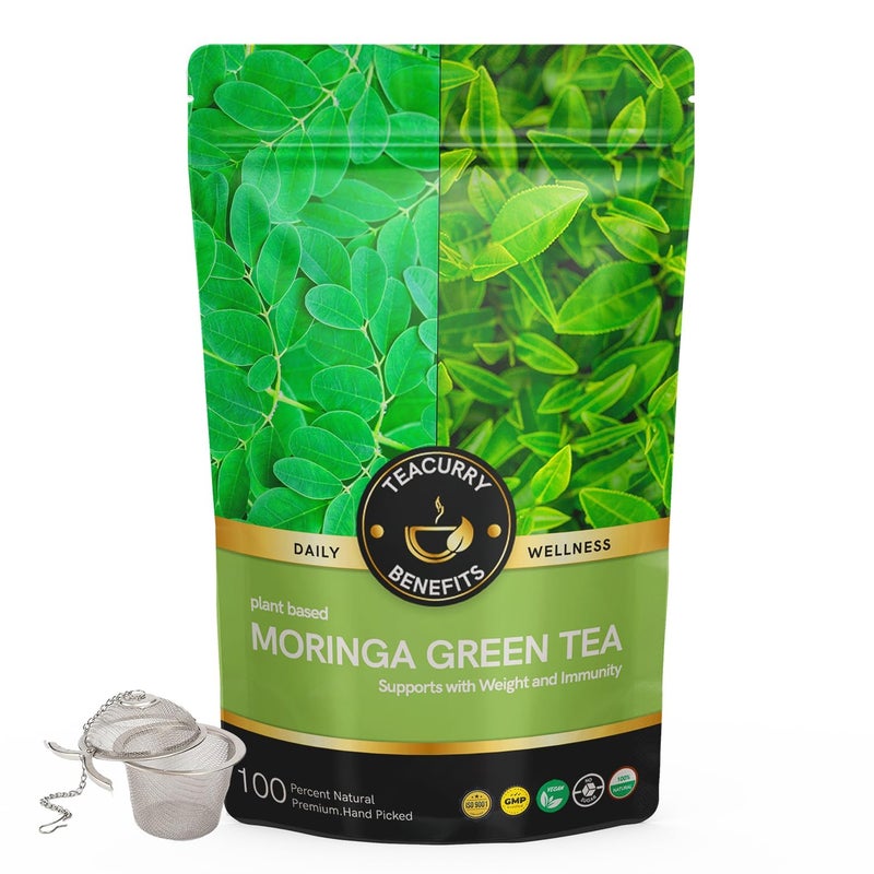 Teacurry Moringa Green Tea (200 gram, 100 Cups) - Organic Moringa & Green Tea Leaves | For Energy Boost, Digestion & Metabolism | Superfood Blend with Sweet Earthy Taste - Image 1