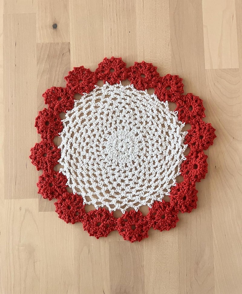 Fennco Styles Fennco Styles Handmade TwoTone Floral Crochet Tray Doilies 9 Round 2Piece  Red Cloth Placemats for Everyday Use Holidays Home Dcor Cocktail Party Tea Party Special Occasion - Image 2