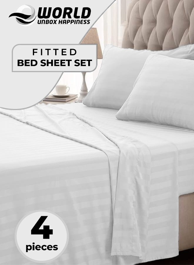 Eworld 4-Piece Luxury King Size White Striped Bedding Set Includes 1 Duvet Cover (220x240cm), 1 Fitted Bed Sheet (200x200+30cm), and 2 Pillow Cases (48x74+5cm) for Ultimate Hotel-Inspired Sophistication - Image 1