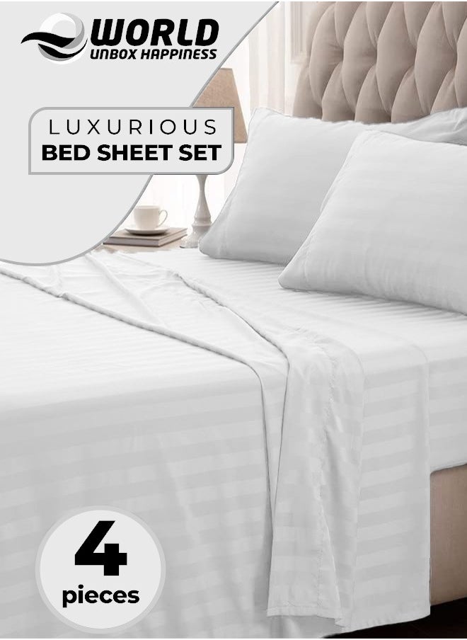 Eworld - 4-Piece Luxury King Size White Striped Bedding Set Includes 1 Duvet Cover (220x240cm), 1 Fitted Bed Sheet (200x200+30cm), and 2 Pillow Cases (48x74+5cm) for Ultimate Hotel-Inspired Sophistication - Image 1